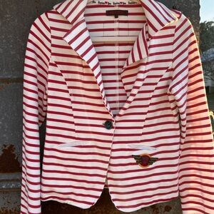 Review Red & White Striped Cotton Blazer Jacket One Button Pockets Embroidered